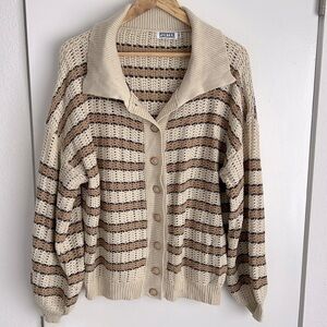 The Porter Collective Stripe Knit Button Down Cardigan Sweater Brown Tan M